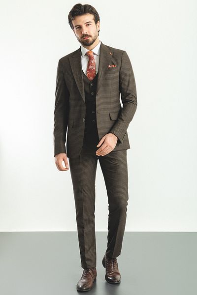 Mcr Costum pentru bărbați în carouri maro slim fit mono rever