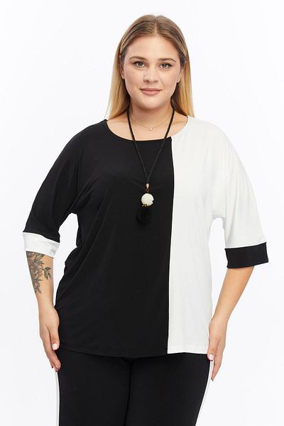 Zer Otantik Μπλούζα Plus Size με Κολιέ Δύο Χρωμάτων Μαύρο-εκρού
