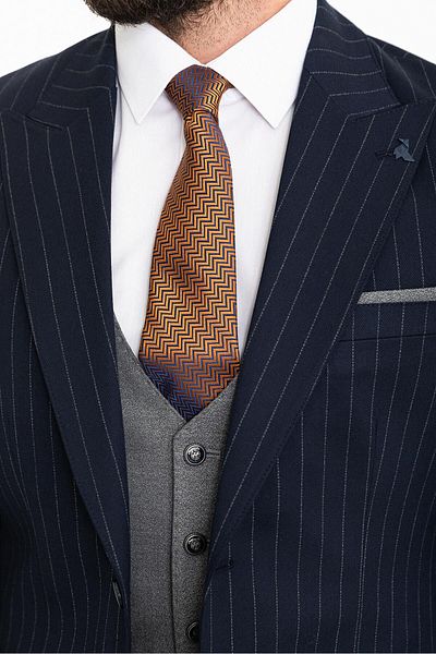 Mcr Striped Slim Fit Wide Collar Combination Wool Men's Suit Navy Blue - 45271.23K