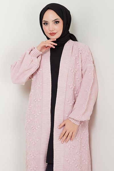 hafsamina Pink Long Knitwear Cardigan - Cherry Pattern Hm2334