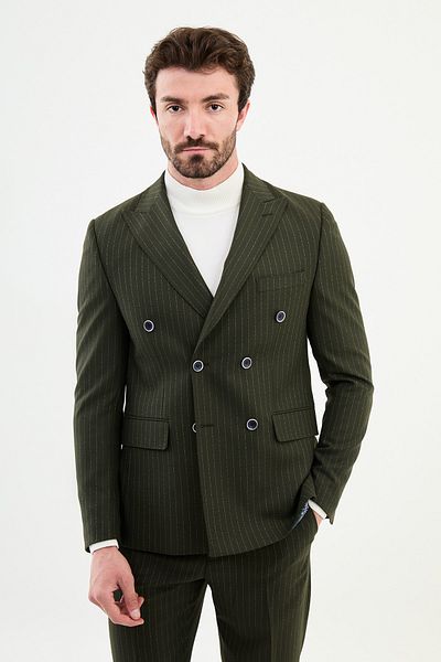 Mcr Striped Slim Fit Wide Collar Double Breasted Classic Men's Suit Khaki - 45348.24K
