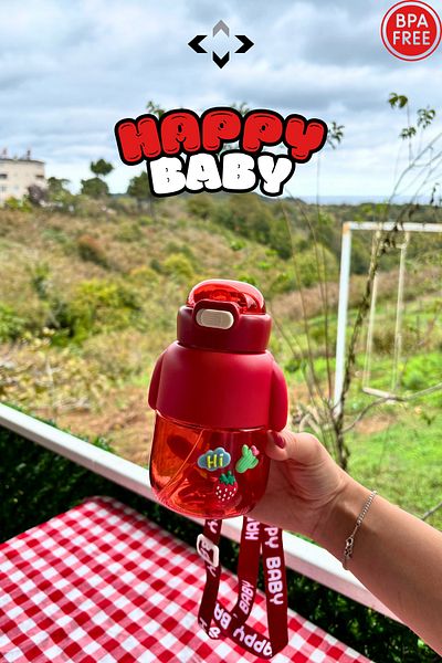 LİGROUND Happy Baby Tritan Cute Children's Water Bottle - 3D Sticker Water Bottle with Straw and Hanger