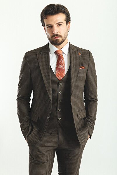 Mcr Ekoseli Slim Fit Mono Yaka Erkek Takım Elbise Kahve - 45155.22K