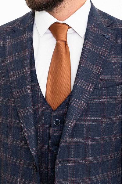 Mcr Plaid Slim Fit Mono Collar Wool Men's Suit Navy Blue - 45290.23K