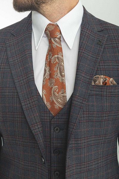 Mcr Plaid Slim Fit Mono Collar Men's Suit Black-Burgundy - 45180.22K