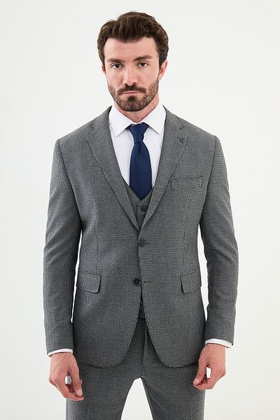 Mcr Check Slim Fit Mono Collar Men's Suit Navy Blue - 45354.24K