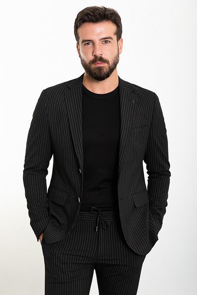 Mcr Striped Black Slim Fit Stringed Sports Men's Suit