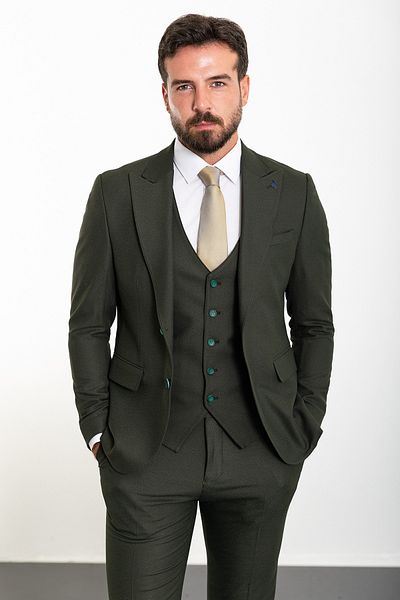 Mcr Plain Khaki Slim Fit Wide Collar Wool Classic Men's Suit