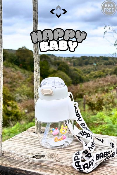 LİGROUND Happy Baby Tritan Cute Children's Water Bottle - 3D Sticker Water Bottle with Straw and Hanger