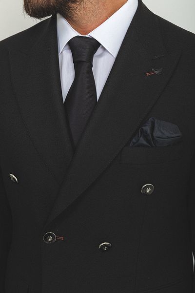 Mcr Straight Slim Fit Wide Collar Double Breasted Wool Men's Suit Black - 45161.22K