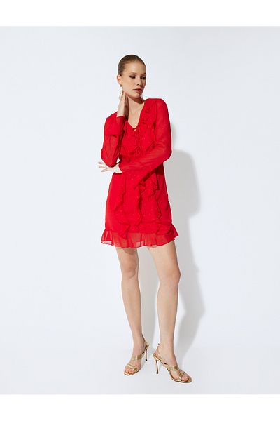 Koton Mini-Chiffonkleid mit langen Ärmeln, Rüschendetails und Volant-V-Ausschnitt