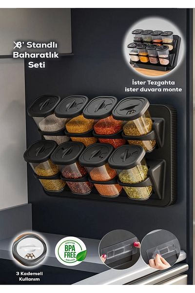 Home Henna 8Pcs 360 °   Swivel Spice Rack Stand - Adhesive Wall and Countertop Black
