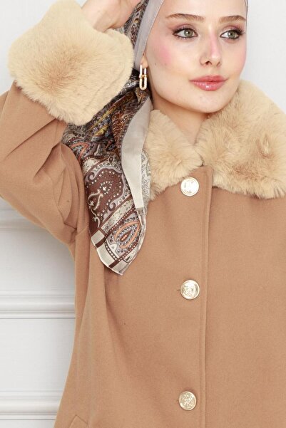 Sevitli Coat with Fur Detail on Collar and Sleeves-Camel
