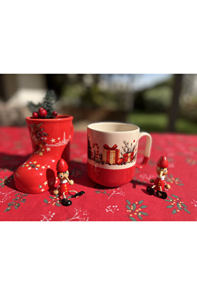 Clicksy Yılbaşı Figürlü Yeni Yıl Temalı Kırmızı Krem Renk Lüks Kupa Bardak