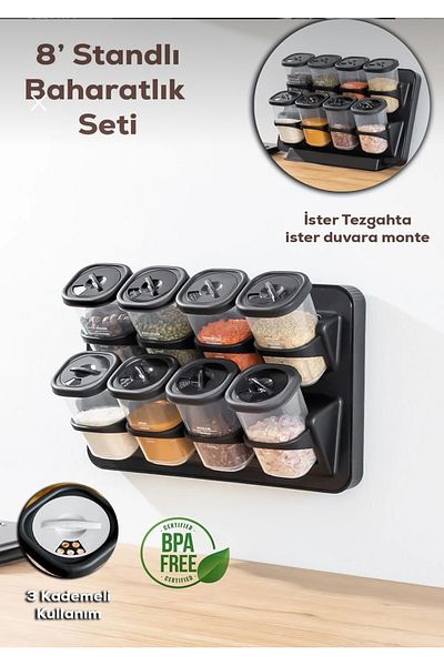 Home Henna 8Pcs 360 °   Swivel Spice Rack Stand - Adhesive Wall and Countertop Black