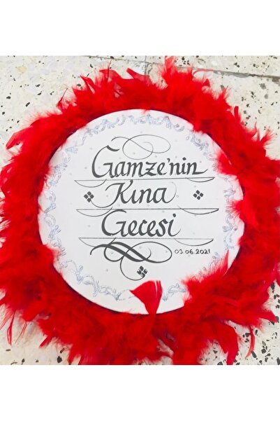 By Ayanoglu İsim Yazılı Gelin Tefi, Tüylü, Zilli Deri Def Kına Gecesi, Kırmız...