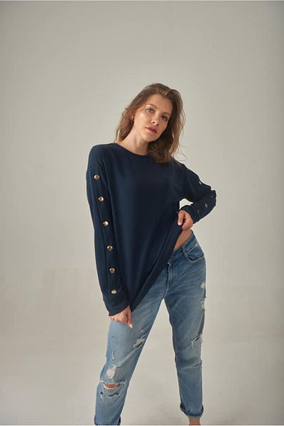 Blue Petrol Women's Long Sleeve Button Detailed Crew Neck Blouse