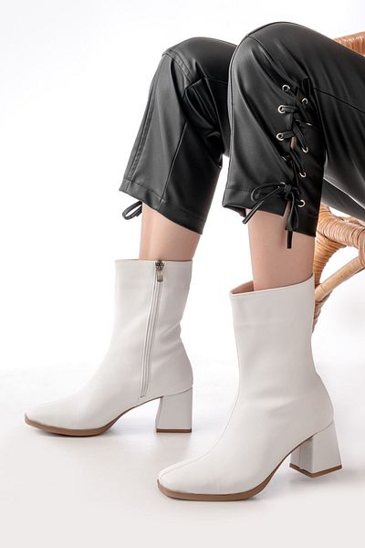 İNFON Infon Msk-032 White Heeled Zippered Women's Boots