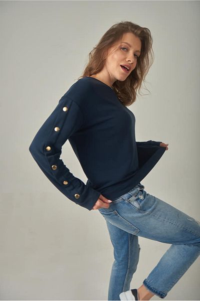 Blue Petrol Women's Long Sleeve Button Detailed Crew Neck Blouse