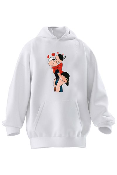 NMG TEKSTİL Φούτερ με κουκούλα Unisex Premium από βαμβακερό λευκό Safinaz İmam Love με στάμπα με 3 νήματα
