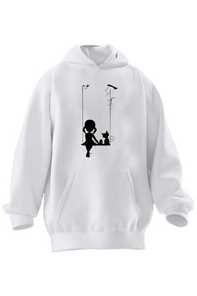 NMG TEKSTİL Φούτερ Unisex με κουκούλα με λευκό σχέδιο γάτας - βαμβακερό 3 νήματα Premium