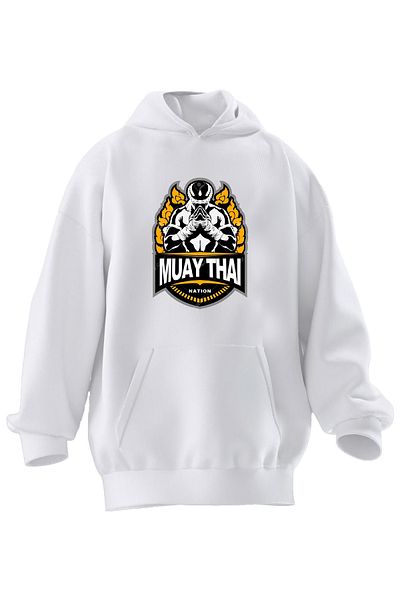 NMG TEKSTİL Φούτερ με κουκούλα Unisex Premium βαμβακερό λευκό Muay Thai με τυπωμένη αφίσα με 3 νήματα