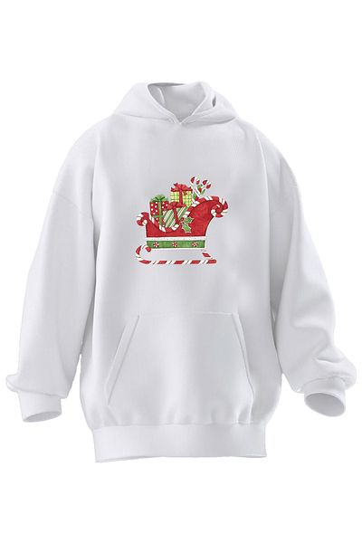 NMG TEKSTİL Λευκό Unisex βαμβακερό φούτερ - Πρωτοχρονιάτικο δώρο ελαφιού, κουκούλα με 3 νήματα
