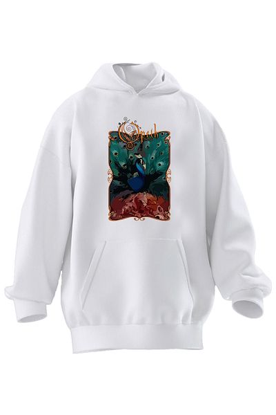 NMG TEKSTİL Unisex Premium Cotton White Opeth Peacock Poster Printed 3 Thread Hooded Sweatshirt