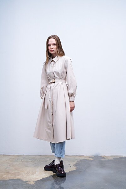 QANU Volanlı Trençkot Bej