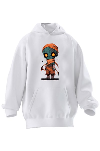 NMG TEKSTİL Hanorac cu glugă unisex din bumbac premium alb Amumu Lol imprimat cu 3 fire