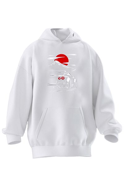 NMG TEKSTİL Φούτερ Unisex Premium Cotton White Gtr Mountain Road με στάμπα με κουκούλα 3 νημάτων