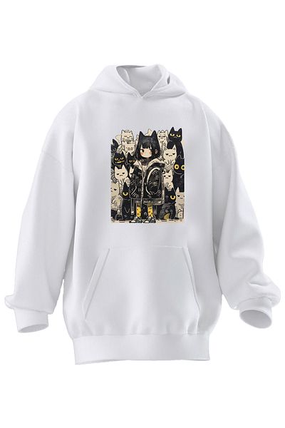NMG TEKSTİL Λευκό Anime με στάμπα Unisex φούτερ με κουκούλα - 3 νήματα Premium βαμβακερό