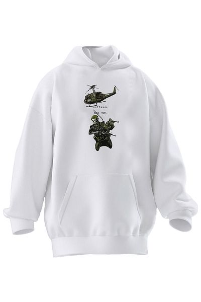 NMG TEKSTİL Φούτερ με κουκούλα Unisex Premium Cotton White Soldier Skull με στάμπα με 3 νήματα