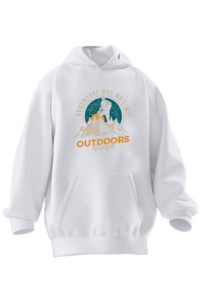 NMG TEKSTİL Φούτερ με κουκούλα Unisex Premium Cotton White Adventure No Limit με στάμπα 3 νημάτων