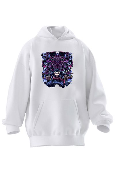 NMG TEKSTİL Φούτερ Unisex Premium Βαμβακερό Λευκό Μωβ Δαίμονα με κουκούλα με 3 νήματα