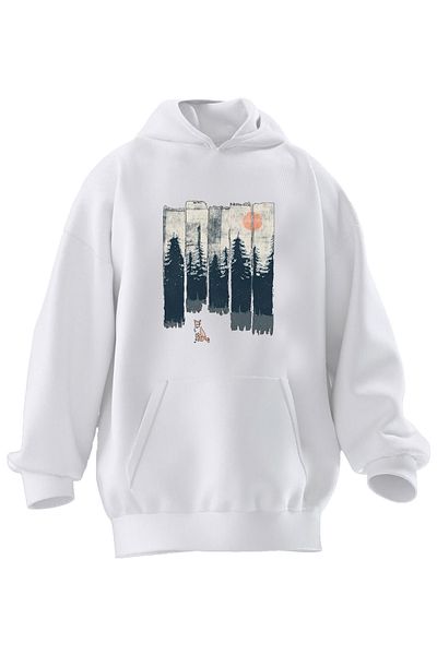 NMG TEKSTİL Φούτερ με κουκούλα Unisex Premium από βαμβακερή λευκή πινακίδα Pine με στάμπα με 3 νήματα