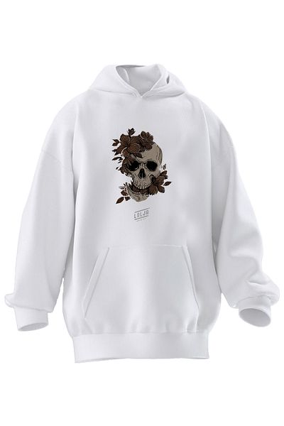 NMG TEKSTİL Φούτερ με κουκούλα Unisex Premium βαμβακερό λευκό Lolja Skull με στάμπα με 3 νήματα