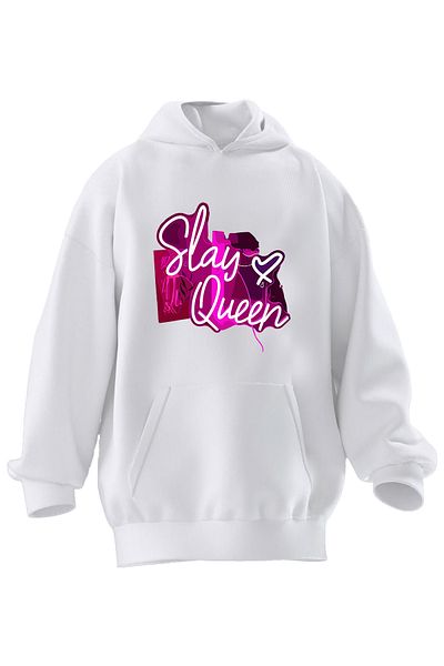 NMG TEKSTİL Hanorac cu glugă unisex din bumbac premium alb Slay Quenn imprimat cu 3 fire