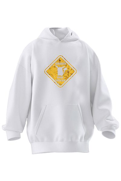 NMG TEKSTİL Hanorac cu glugă unisex din bumbac premium alb Pikachu Danger imprimat cu 3 fire