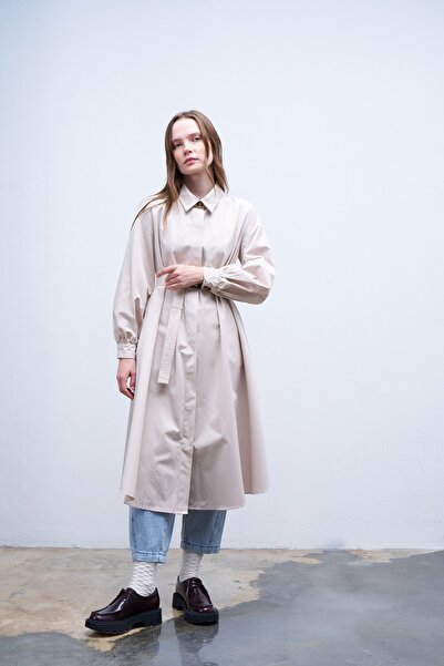 QANU Volanlı Trençkot Bej