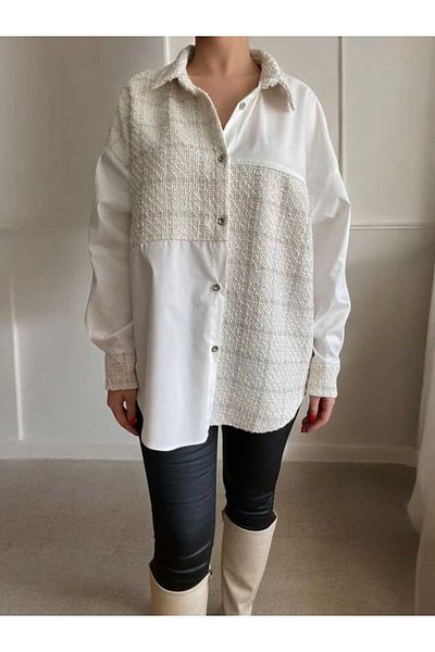 BEBE PLUS Ecru Silver Transitional Shirt with Tuvid Garnish