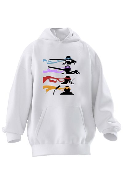 NMG TEKSTİL Φούτερ με κουκούλα Unisex Premium Cotton White Turtles Silhouette με στάμπα με 3 νήματα
