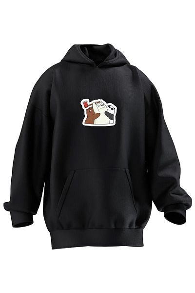 NMG TEKSTİL Hanorac cu glugă unisex din bumbac premium negru cu ursuleți cu 3 fire imprimate
