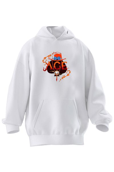 NMG TEKSTİL Hanorac cu glugă unisex din bumbac premium alb cu imprimeu Ace Devil cu 3 fire