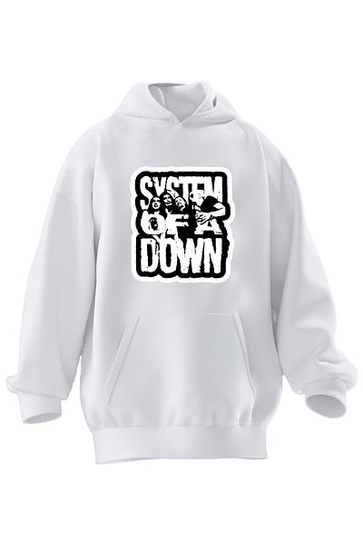 NMG TEKSTİL Λευκό System Of Down Printed Unisex Premium Βαμβακερό Φούτερ με κουκούλα - 3 νήματα