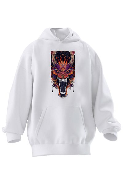 NMG TEKSTİL Φούτερ με κουκούλα Unisex Premium Βαμβακερό Λευκό Χρώμα Dragon Head με στάμπα 3 νημάτων