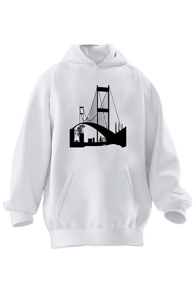 NMG TEKSTİL Φούτερ με κουκούλα Unisex Premium Cotton White Istanbul Boğaz Bridge με στάμπα με 3 νήματα