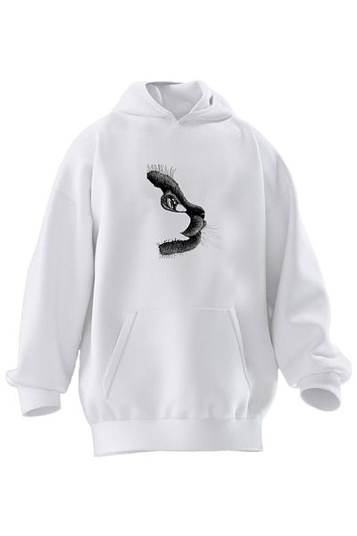NMG TEKSTİL Φούτερ Unisex Premium Βαμβακερό Λευκό Γατάκι Γκρι με κουκούλα με 3 νήματα