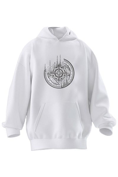 NMG TEKSTİL Φούτερ με κουκούλα Unisex Premium βαμβακερή λευκή κατεύθυνση με στάμπα με 3 νήματα