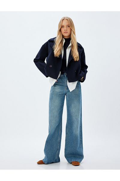 Koton Double Breasted Crop Stamp Coat - Buttoned Pocket